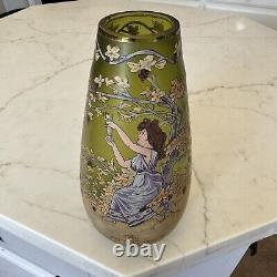 0-07 Art Glass Enamel Paint Vase- Antique Greek Goddess Wine Frosted Emerald