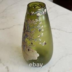 0-07 Art Glass Enamel Paint Vase- Antique Greek Goddess Wine Frosted Emerald