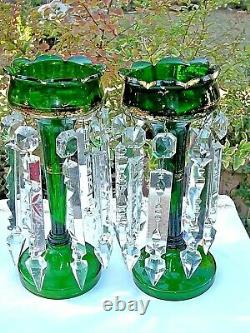 10.3/4 Vintage Pair Of Czech Bohemian Green Mantle Lusters 16 Prisms