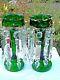 10.3/4 Vintage Pair Of Czech Bohemian Green Mantle Lusters 16 Prisms