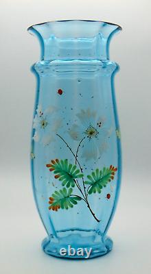 11 Antique Bohemian Harrach Blue Hand Painted Floral & Lady Bug Art Glass Vase