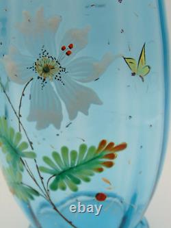11 Antique Bohemian Harrach Blue Hand Painted Floral & Lady Bug Art Glass Vase