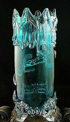 11 Antique Victorian Bohemian Harrach Blue Art Glass Vase w Applied LIZARD