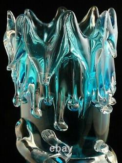 11 Antique Victorian Bohemian Harrach Blue Art Glass Vase w Applied LIZARD