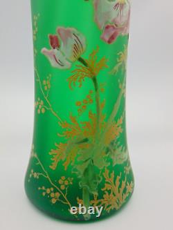 11 French Legras Green Pink POPPY Hand Painted Enamel Art Nouveau Glass Vase