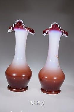 11 Hand Enameled Victorian Opaline Vases withCranberry Snow Crest Tulip Lips