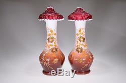 11 Hand Enameled Victorian Opaline Vases withCranberry Snow Crest Tulip Lips