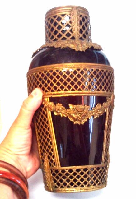 11 Large Antique Gilt Bronze Mounted Ruby Glass Vase Lattice & Flowers Germany