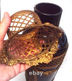11 Large Antique Gilt Bronze Mounted Ruby Glass Vase Lattice & Flowers Germany