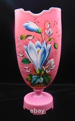 12 Harrach Pink Victorian Bohemian Hand Painted Enamel CROCUS Art Glass Vase