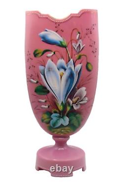 12 Harrach Pink Victorian Bohemian Hand Painted Enamel CROCUS Art Glass Vase