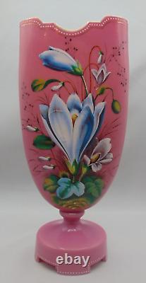 12 Harrach Pink Victorian Bohemian Hand Painted Enamel CROCUS Art Glass Vase