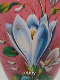 12 Harrach Pink Victorian Bohemian Hand Painted Enamel CROCUS Art Glass Vase