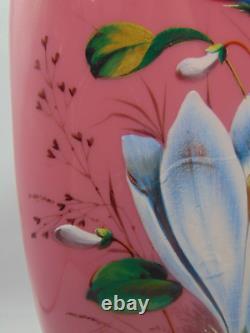 12 Harrach Pink Victorian Bohemian Hand Painted Enamel CROCUS Art Glass Vase