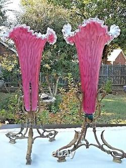 13 Victorian Antique Epergne Trumpet Vases Pink Spangle Glass Brass Ormulo Ft