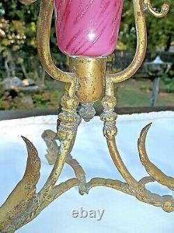 13 Victorian Antique Epergne Trumpet Vases Pink Spangle Glass Brass Ormulo Ft