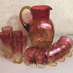 13pc Antique Victorian Amberina Thumbprint Art Glass Pitcher 6 Glasses 6 Cups