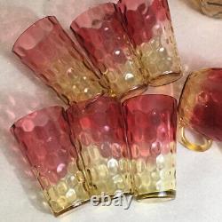 13pc Antique Victorian Amberina Thumbprint Art Glass Pitcher 6 Glasses 6 Cups