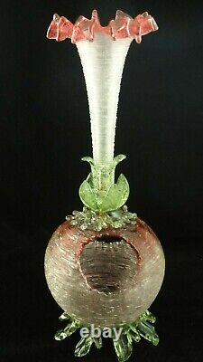 16 Antique Bohemian Loetz Pele Mele Cranberry Vaseline Threaded Art Glass Vase