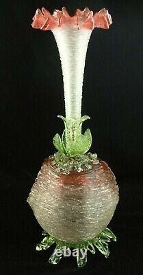 16 Antique Bohemian Loetz Pele Mele Cranberry Vaseline Threaded Art Glass Vase