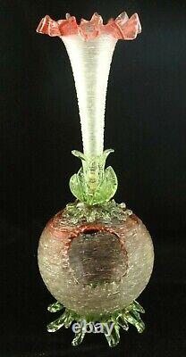 16 Antique Bohemian Loetz Pele Mele Cranberry Vaseline Threaded Art Glass Vase