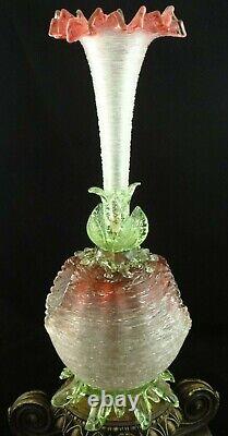 16 Antique Bohemian Loetz Pele Mele Cranberry Vaseline Threaded Art Glass Vase