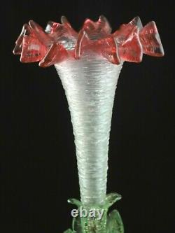 16 Antique Bohemian Loetz Pele Mele Cranberry Vaseline Threaded Art Glass Vase