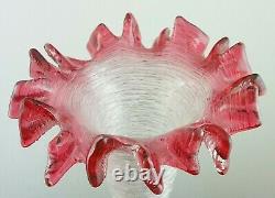 16 Antique Bohemian Loetz Pele Mele Cranberry Vaseline Threaded Art Glass Vase