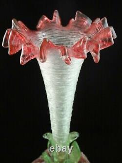 16 Antique Bohemian Loetz Pele Mele Cranberry Vaseline Threaded Art Glass Vase