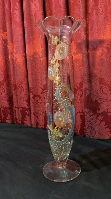 17.5 Antique Victorian Enamel Decorated Floral Art Glass Moser Style Vase