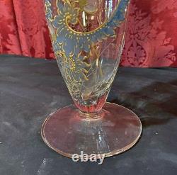 17.5 Antique Victorian Enamel Decorated Floral Art Glass Moser Style Vase