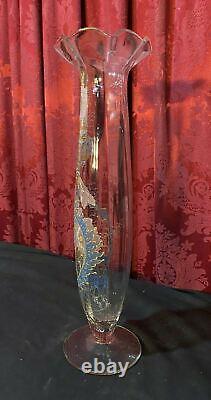 17.5 Antique Victorian Enamel Decorated Floral Art Glass Moser Style Vase