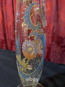 17.5 Antique Victorian Enamel Decorated Floral Art Glass Moser Style Vase