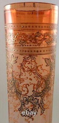 17 Antique Bohemian Apricot to Pink Enamel Rococo Art Glass Vase Loetz Harrach