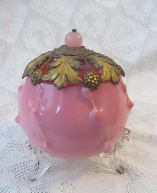 1800s Antique Art Glass Footed Potpourri Dishrose Bowl Withlidscent Pomander