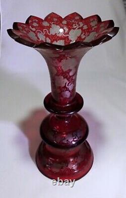 1860s Ruby Cut To Clear 12 Engraved Monumental Art Glass Crystal Vase Cranberry