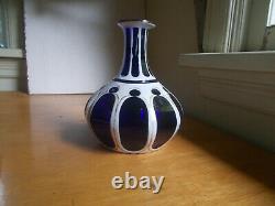 1870s WHITE OVERLAY CUT TO COBALT BLUE HAND BLOWN GLASS DECANTER PONTILED RARE