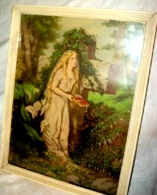 1878 Victorian Lithograph Lady Garden Cross Wood Back Old Glass Geo Stinson Co