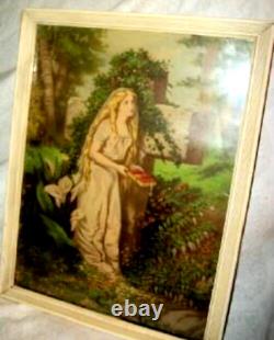 1878 Victorian Lithograph Lady Garden Cross Wood Back Old Glass Geo Stinson Co