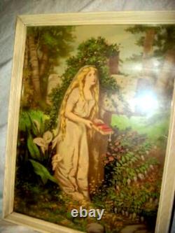 1878 Victorian Lithograph Lady Garden Cross Wood Back Old Glass Geo Stinson Co