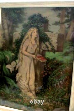 1878 Victorian Lithograph Lady Garden Cross Wood Back Old Glass Geo Stinson Co