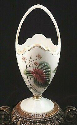 1880 Antique Bohemian Victorian Harrach Hand Painted Enameled Art Glass Basket