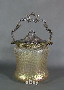 1880 Art Nouveau Victorian Iridescent Glass Veins Pattern Biscuit Jar Pewter lid