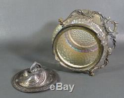 1880 Art Nouveau Victorian Iridescent Glass Veins Pattern Biscuit Jar Pewter lid