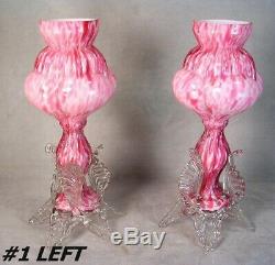 1880 Victorian Czech Pink Spatter Art Glass Cabinet Vases Applied Rigaree MINTY