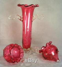 1880's Czech Ruffled Top Cranberry Epergne Thorn Tube Vase With Posy Baskets EX