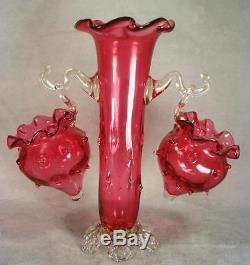 1880's Czech Ruffled Top Cranberry Epergne Thorn Tube Vase With Posy Baskets EX