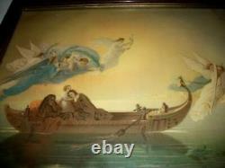 1880's FLYING ANGELS BOAT PRINT BIBLE STORY RELIGIOUS WAVY GLASS WOOD BACK OLD