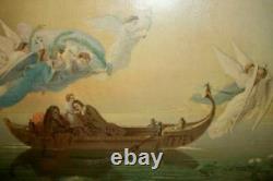 1880's FLYING ANGELS BOAT PRINT BIBLE STORY RELIGIOUS WAVY GLASS WOOD BACK OLD