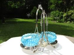 1880's GLASS CONDIMENT BOWLS in SP CADDY HOBBS BROCKUNIER BLUE OPALESCENT FERN